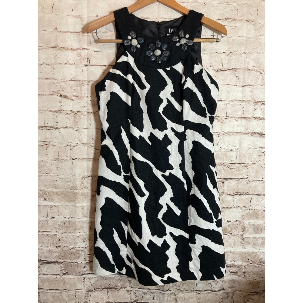 Ceces‎ NY Dress Womens 6 Black & White Animal Print Sheath Beaded Lined Zip